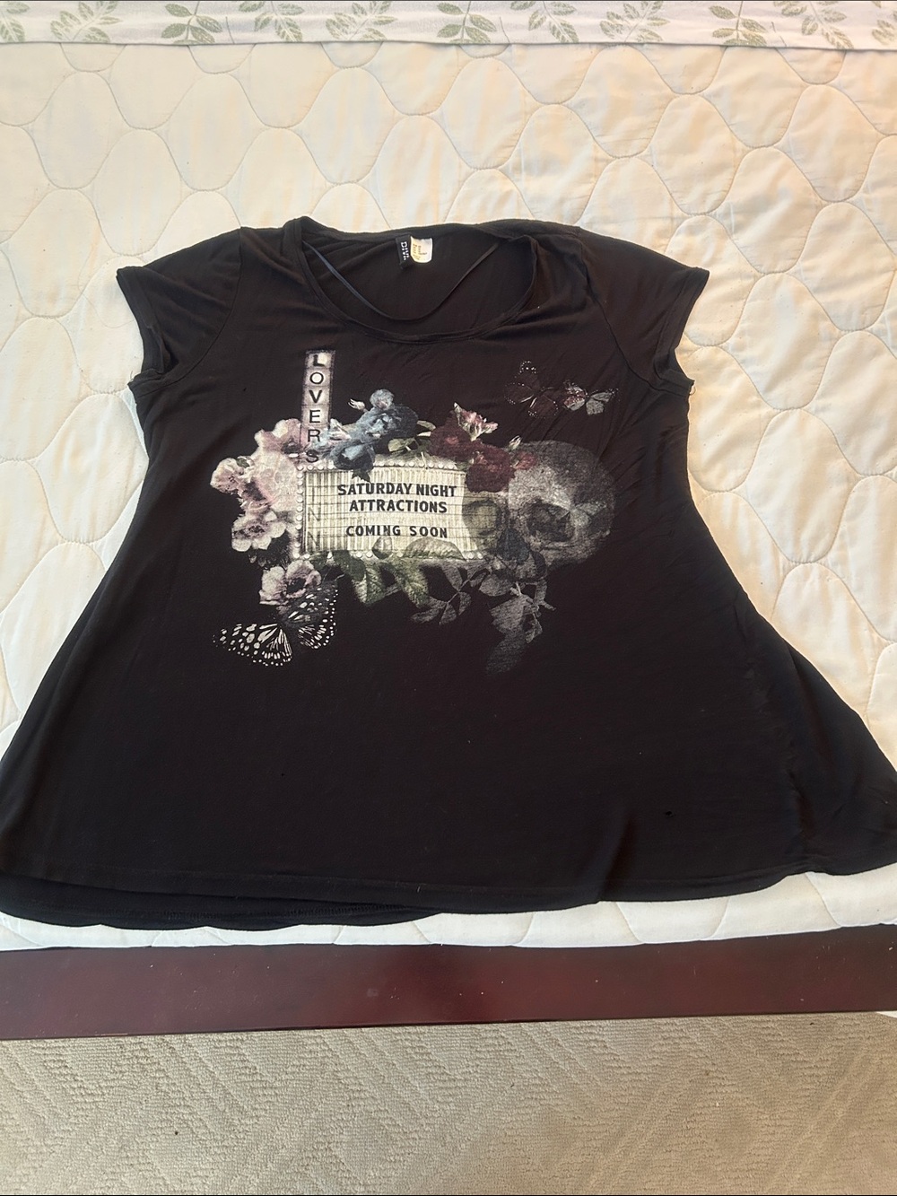 Love Black Short Sleeve Scoop Neck Tee with Floral, Skull & Butterfly Graphic
